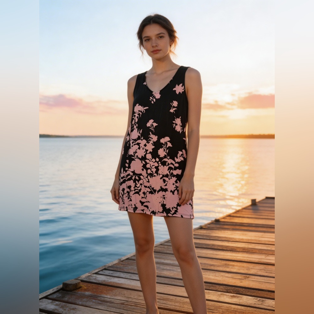 Ladies Exclusive Brand Black & Pink Floral V-Neck Shift Dress